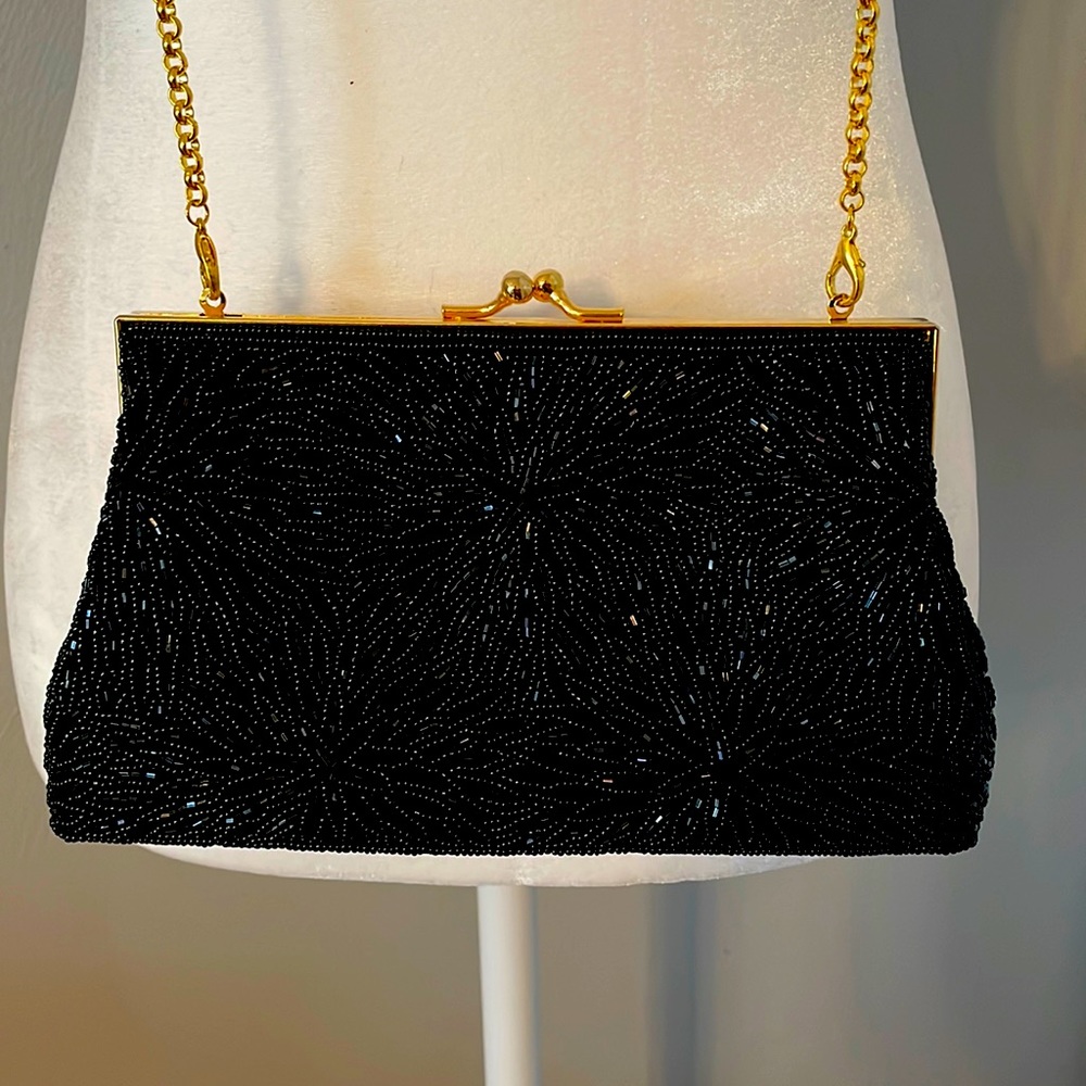 Inga Christopher Black Beaded Evening Bag with removable gold chain